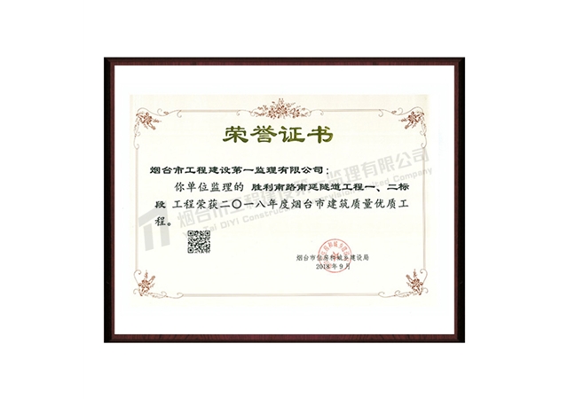 勝利南路南延隧道一、二標段-2018年度煙臺市建筑質量優(yōu)質工程